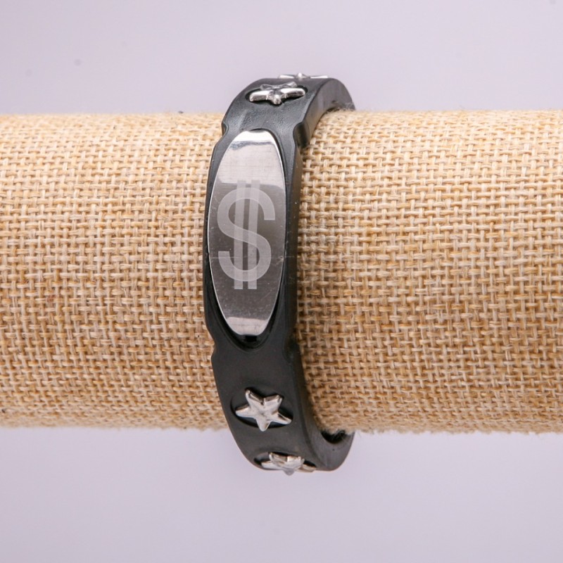 Bracelet with Metal Inserts, 21cm Length, 15mm Thickness, Black Rubber, Clasp