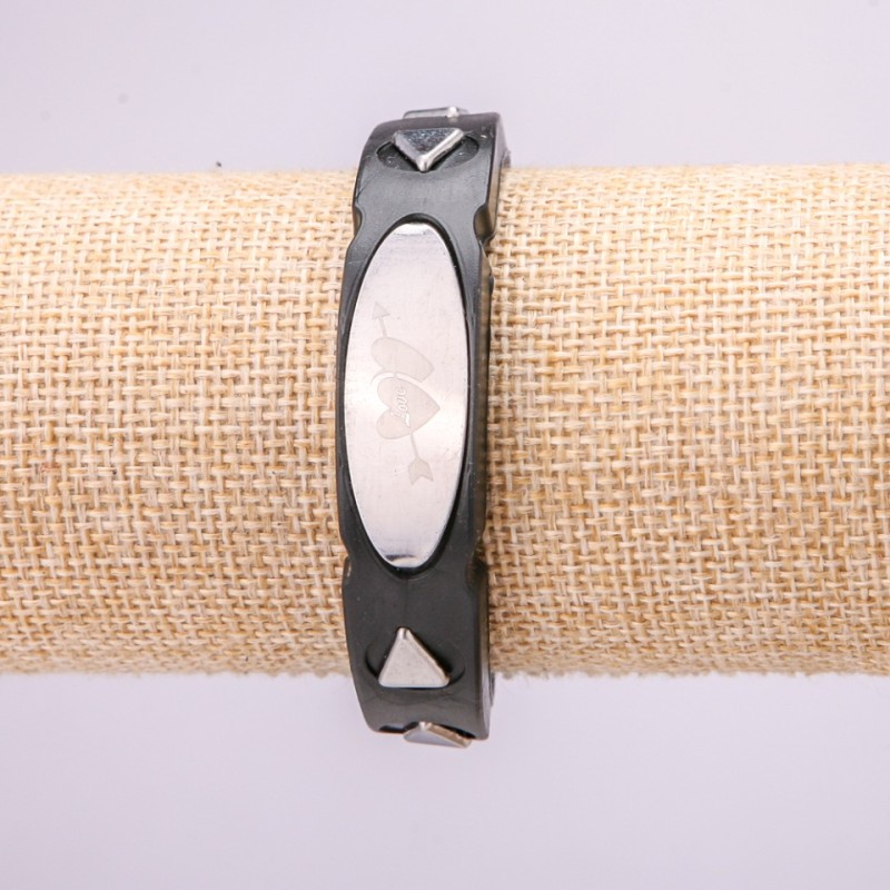 Bracelet with Metal Inserts, 21cm Length, 15mm Thickness, Black Rubber, Clasp