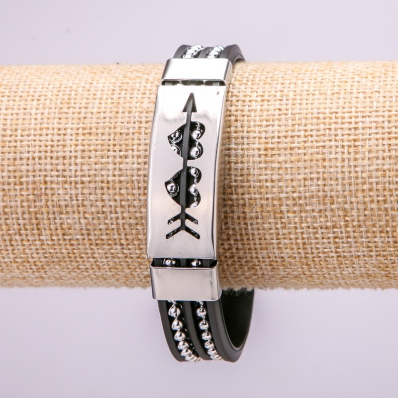 Bracelet with Metal Inserts, 21cm Length, 15mm Thickness, Black Rubber, Clasp
