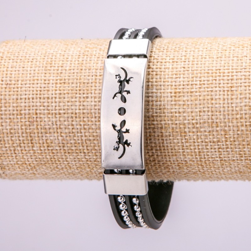 Bracelet with Metal Inserts, 21cm Length, 15mm Thickness, Black Rubber, Clasp