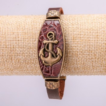 Anchor Bracelet with Metal Inserts, 21cm Length, 20mm Thickness, Brown Eco-Leather, Clasp