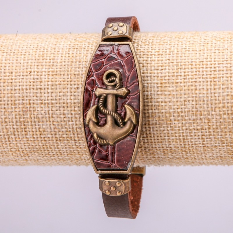 Anchor Bracelet with Metal Inserts, 21cm Length, 20mm Thickness, Brown Eco-Leather, Clasp