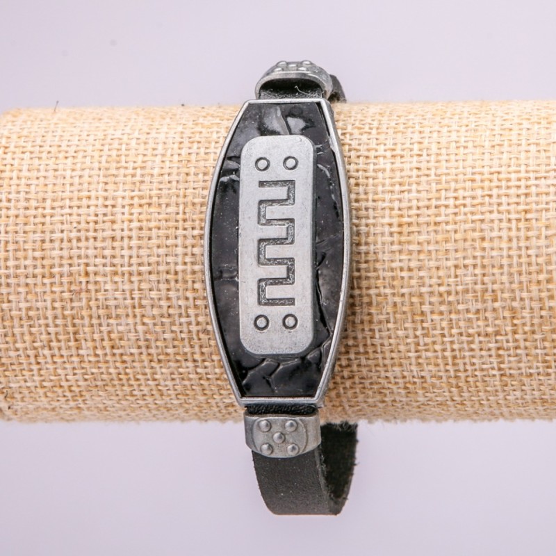Bracelet with Metal Inserts, 21cm Length, 20mm Thickness, Black Eco-Leather, Clasp
