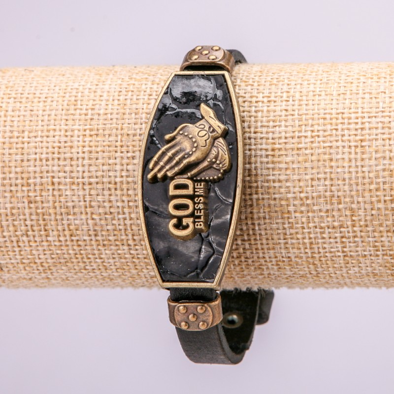 Bracelet with Metal Inserts, Length 16-24cm, Thickness 20mm, Black Eco-Leather Strap