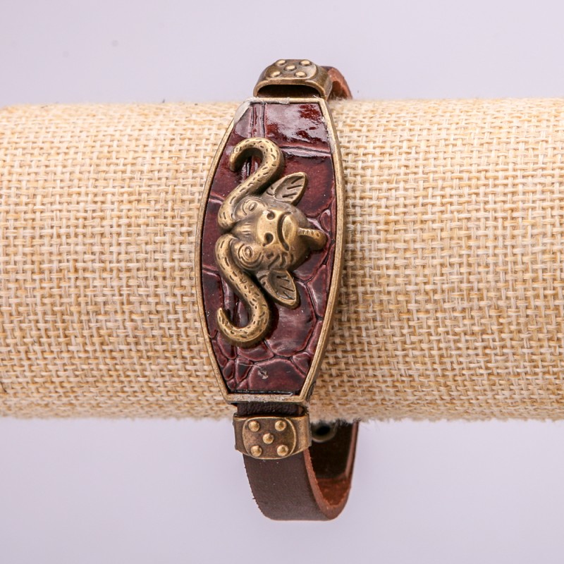 Bracelet with Metal Inserts, Length 16-24cm, Thickness 20mm, Brown Eco-Leather Strap