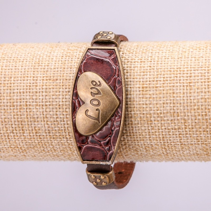 LOVE Bracelet with Metal Inserts, Length 16-24cm, Thickness 20mm, Brown Eco-Leather Strap