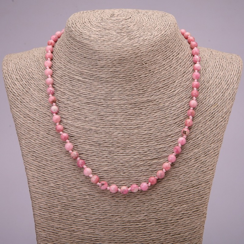 Natural Rhodochrosite Stone Necklace, Smooth Round Beads, Diameter 6(+-)mm, Length 45cm