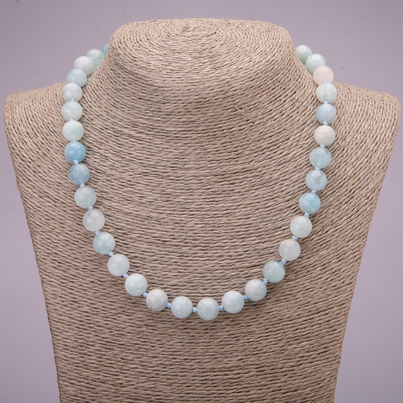 Natural Aquamarine Necklace, Smooth Round Bead, Diameter 10(+-)mm, Length 45cm