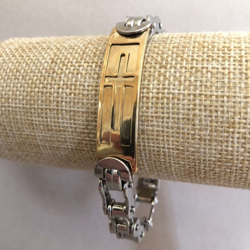 Metal Bracelet Stainless Steel with Clasp, Width 12mm, Length 21cm, Silver with Gold Metal Colour