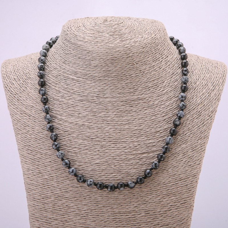 Natural Stone Necklace Snowflake Obsidian Apache Tears Smooth Round Bead, Diameter 6(+/-)mm, Length 48cm