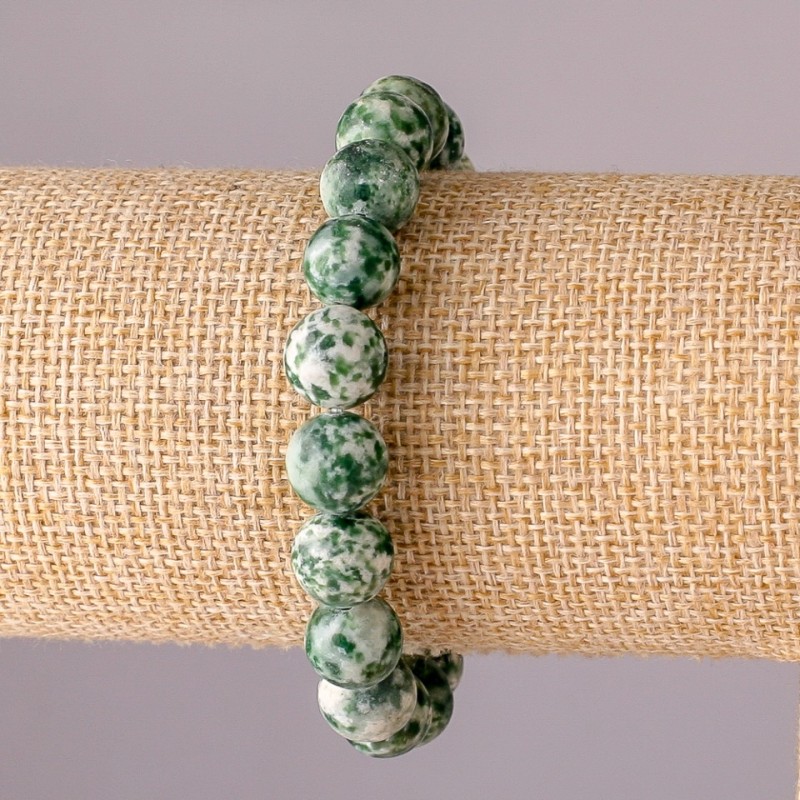 Moss Agate Bracelet on Elastic, Smooth Bead, 10mm Diameter, 18cm Circumference