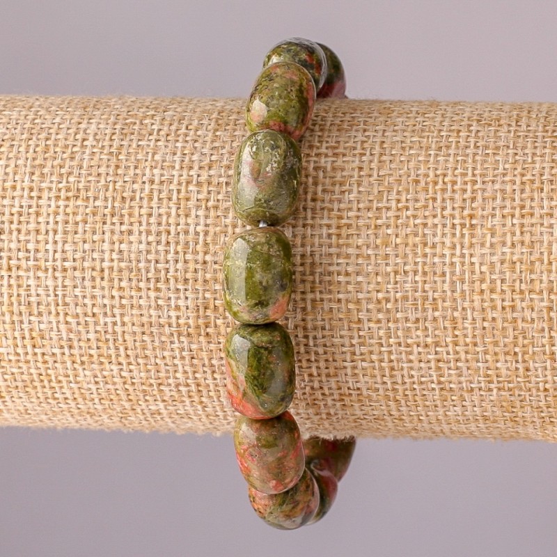 Heliotrope Jasper Natural Stone Bracelet, Barrel Beads on Elastic, 10x14mm, 18cm Circumference