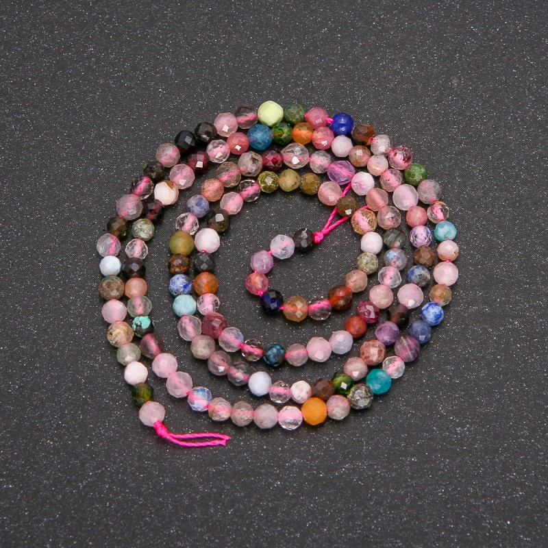 Natural Stone Assorted Beads on a Thread, Faceted Ball, 3mm Diameter, 38cm Length