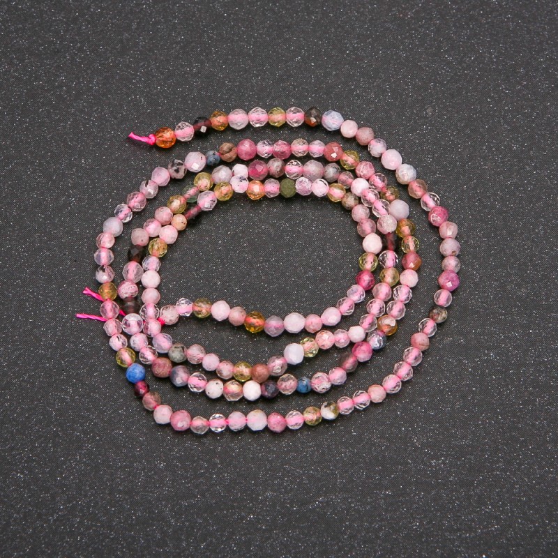 Natural Stone Beads on a String, Assorted Stones, Faceted Round, Diameter 2.5mm, Length 38cm