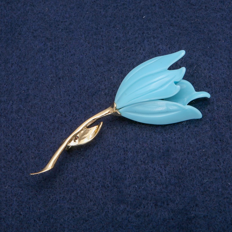 Brooch Flower with Blue Enamel, Gold-toned Metal 30×72mm