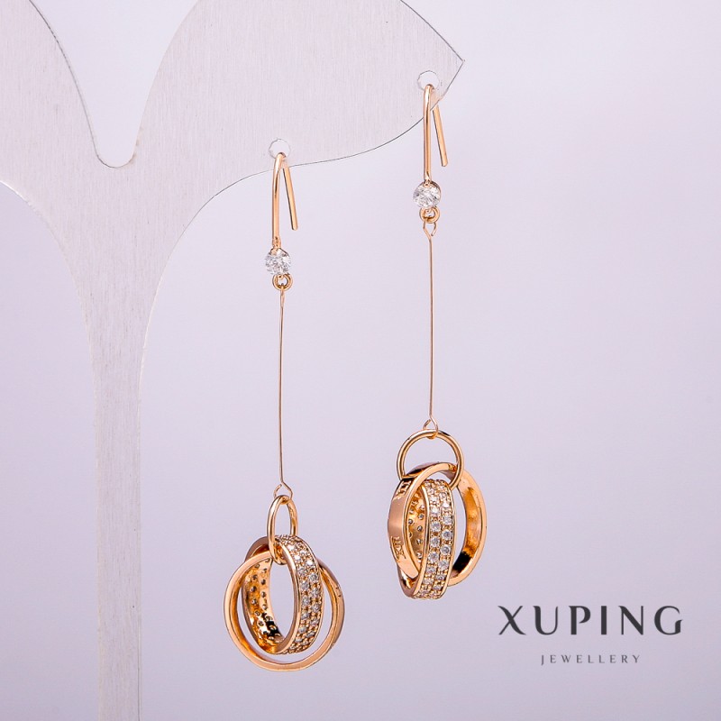 Xuping Earrings, 18K Gold Plating with Stone and White Rhinestones, 58mm Length +