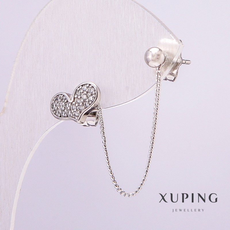 Xuping Rhodium Single Earring, Heart 11x7mm with White Rhinestones on Chain, 44mm Length, 4mm Ball +