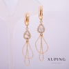 Xuping Earrings, 18K Gold Plating, Teardrop with White Stones and Rhinestones 9x12mm, Earring Length 64mm +