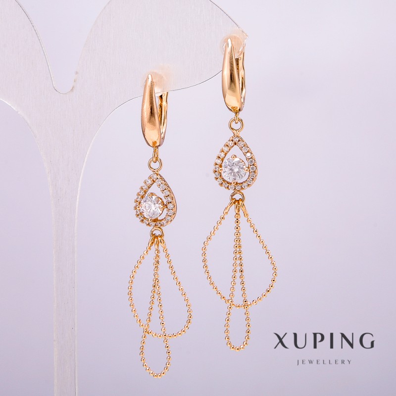 Xuping Earrings, 18K Gold Plating, Teardrop with White Stones and Rhinestones 9x12mm, Earring Length 64mm +