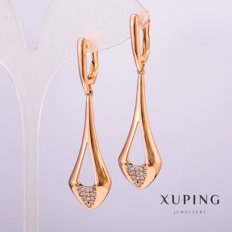 Xuping Earrings, 18K Gold Plating with White Rhinestones, 55x18x14mm +