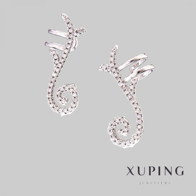 Xuping Cuff Earrings Rhodium Plated with White Rhinestones, Length 24mm +