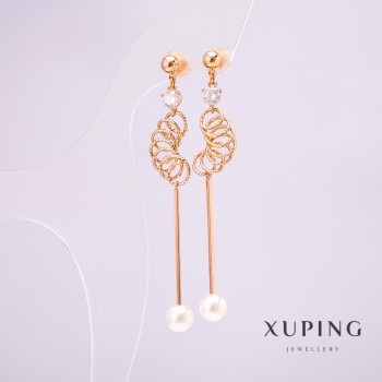Xuping Earrings 18K Gold Plated with 8mm Pearl and White Stone, Length 77mm +