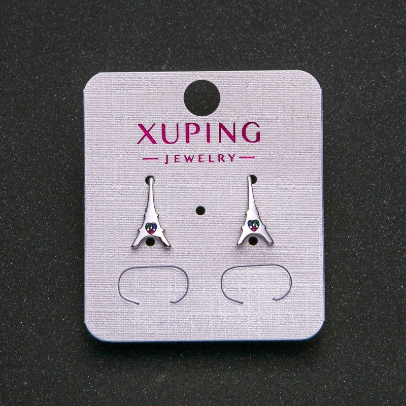 Xuping Rhodium Earrings with Blue, Green and Raspberry Rhinestones, 13x7mm+