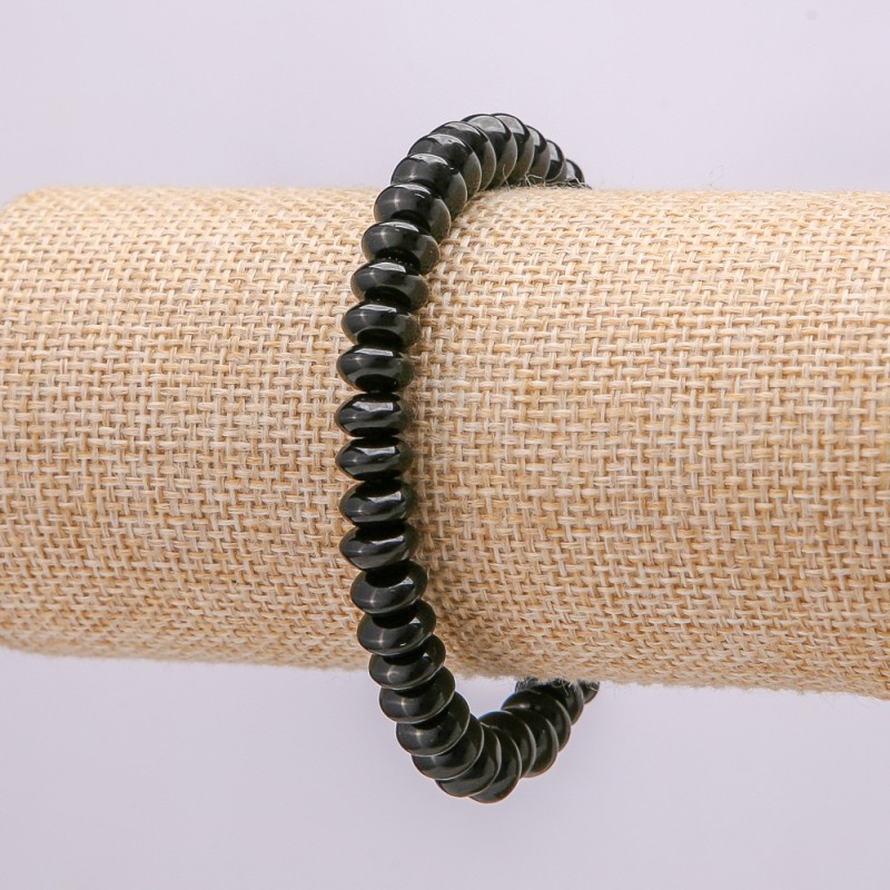 Black Agate Bracelet, Natural Stone Smooth Rondelle, 8x5mm Diameter, 18cm Length +/- (Stretch)