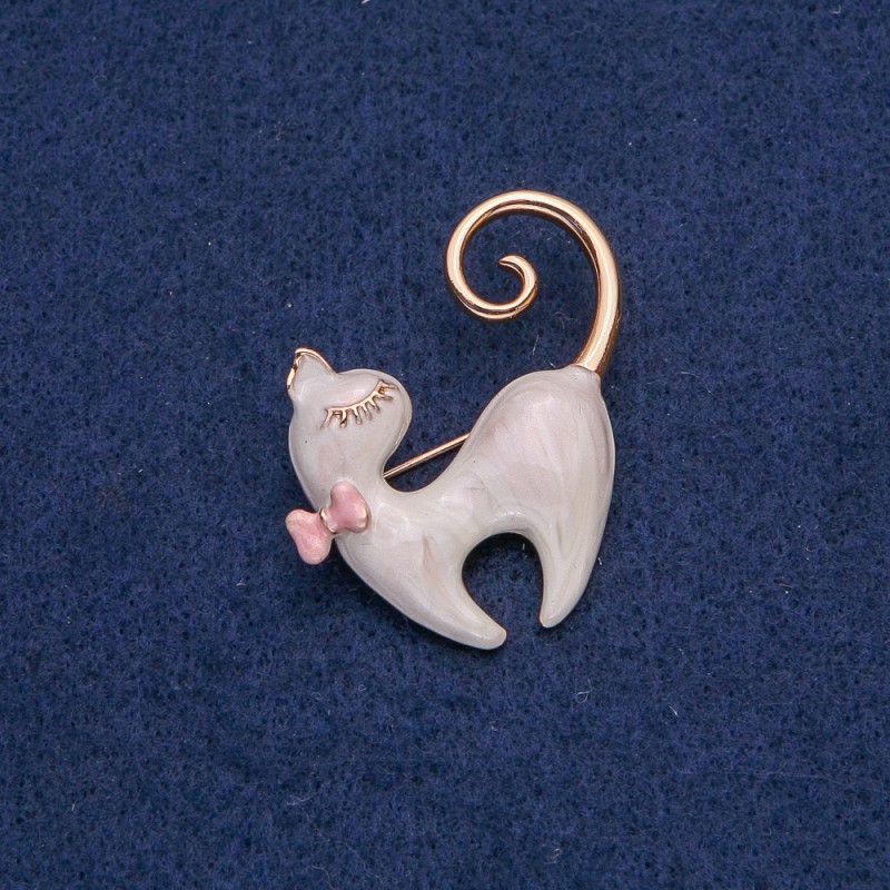 Cat Brooch with Pink Bow, Pearl Enamel, Gold-Tone Metal, 39x37mm+