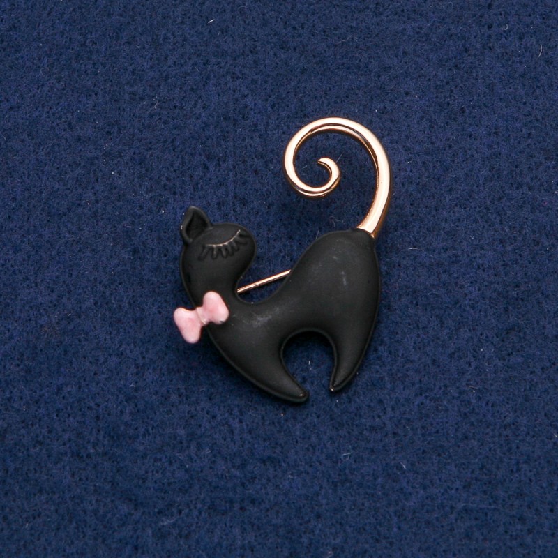 Cat Brooch with Pink Bow, Black Matte Enamel, Gold-Tone Metal, 39x37mm+