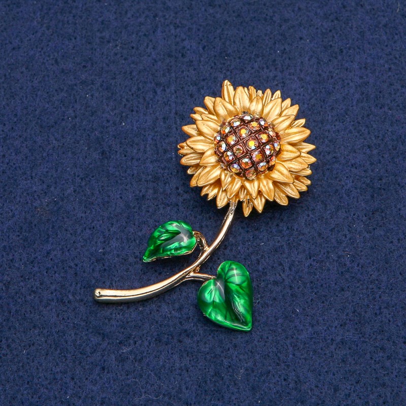 Sunflower Brooch Golden Metal with Golden Petals and Yellow Chameleon Rhinestones 56x27mm +
