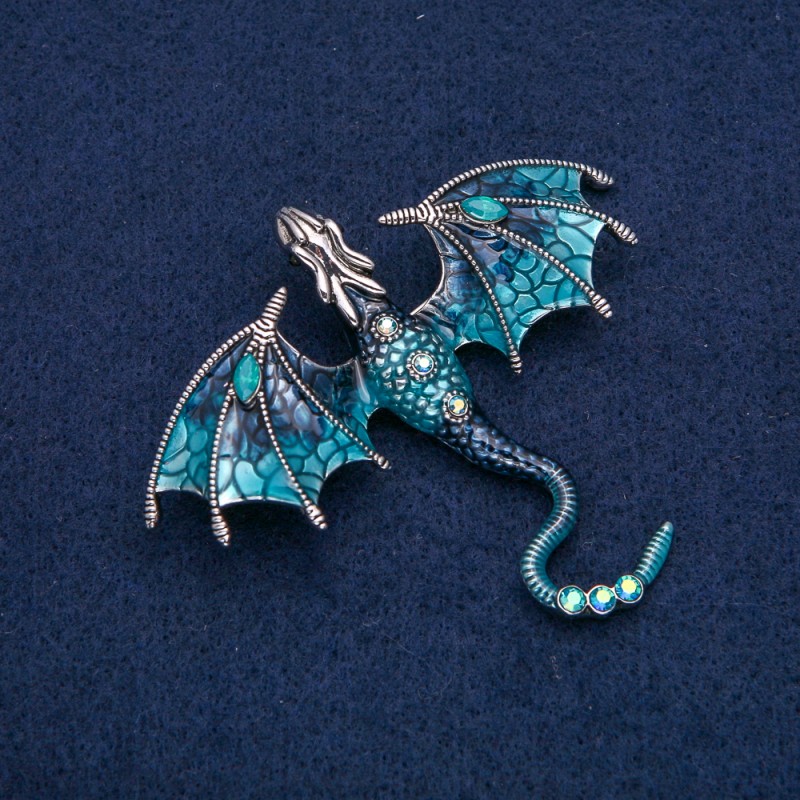 Dragon Brooch Pendant, Silver-Tone Metal, Blue Enamel with Blue and Petrol Rhinestones 70x63mm +