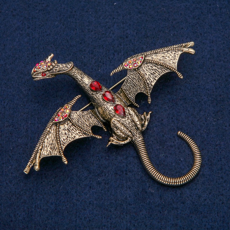 Dragon Brooch, Golden Metal with Red and Petrol Rhinestones, 90x78mm +