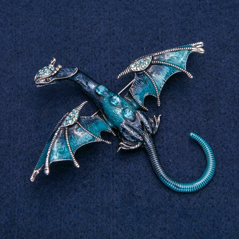 Dragon Brooch-Pendant, Silver-Tone Metal with Blue Enamel and Blue and Petrol Rhinestones, 90x78mm +