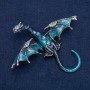 Dragon Brooch-Pendant, Silver-Tone Metal with Blue Enamel and Blue and Petrol Rhinestones, 90x78mm +
