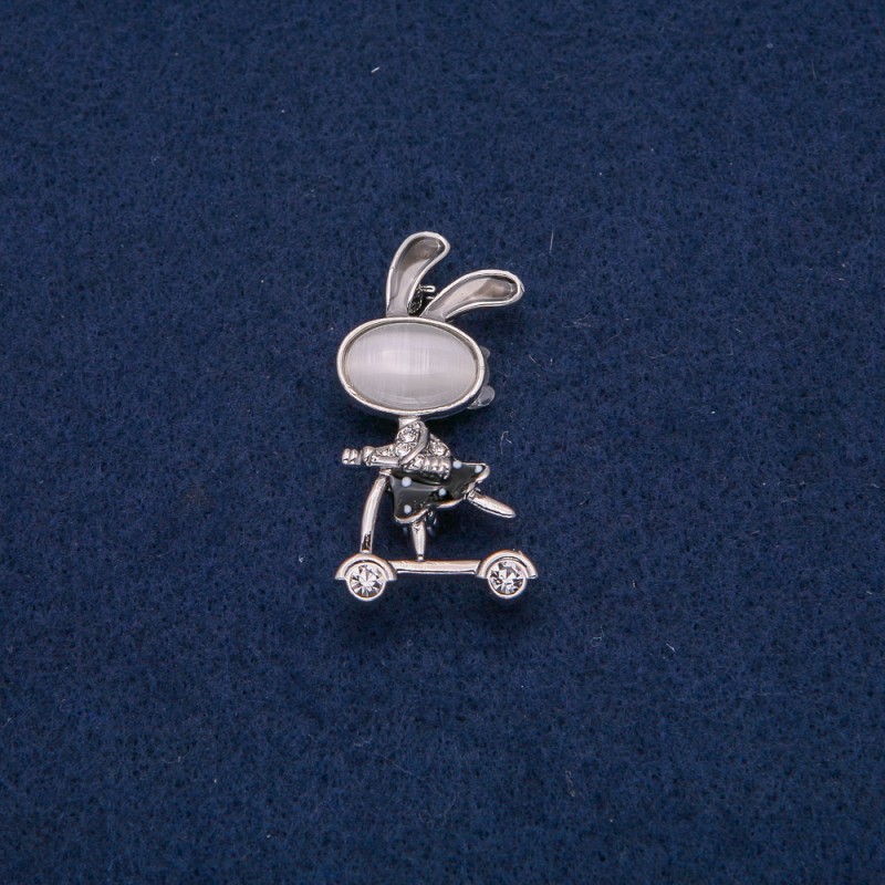 Bunny on a Scooter Brooch with White Rhinestones, Silver-Tone Metal, Black Enamel, Grey Cat's Eye Cabochon 43x21mm +