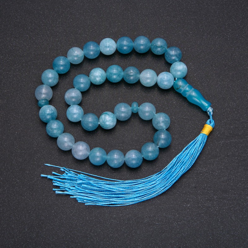 Natural Aquamarine Prayer Beads, 33 Beads, Smooth Ball, Diameter 10mm+-, Aquamarine Insert