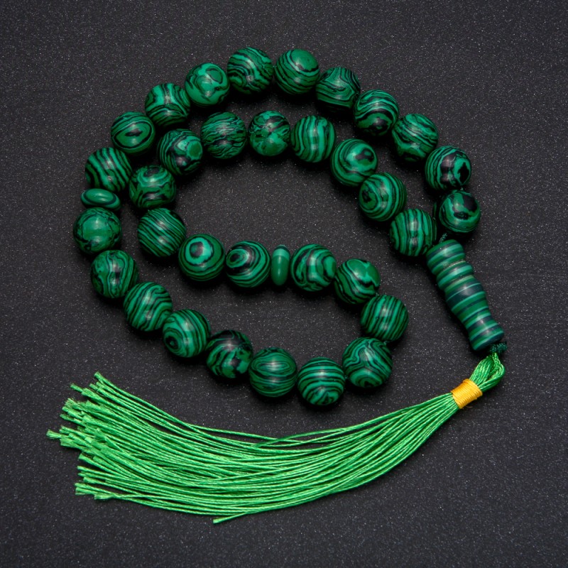 Natural Malachite Prayer Beads, 33 Beads, Smooth Round Bead, 12mm+/- Diameter, Malachite Inlay