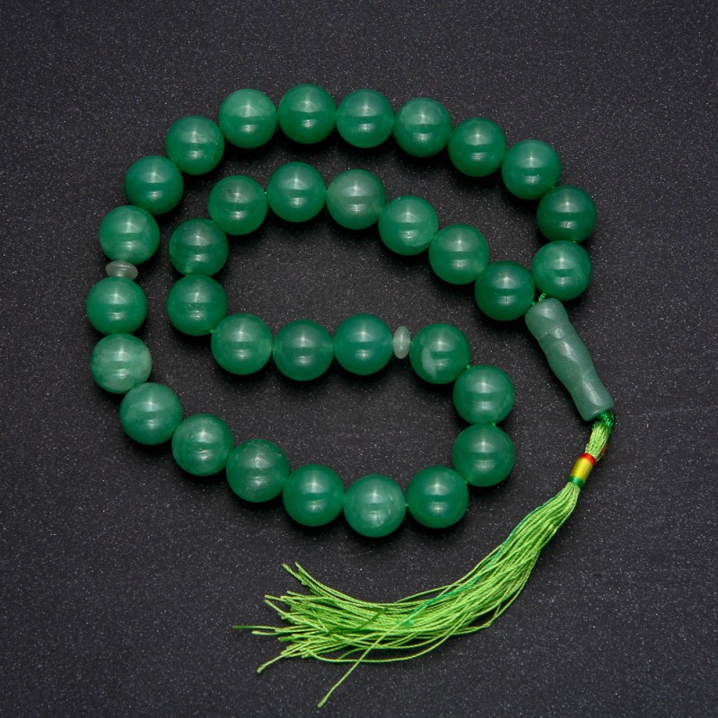 Natural Nephrite Prayer Beads, 33 Beads, Smooth Round Bead, 12mm+/- Diameter, Nephrite Inlay