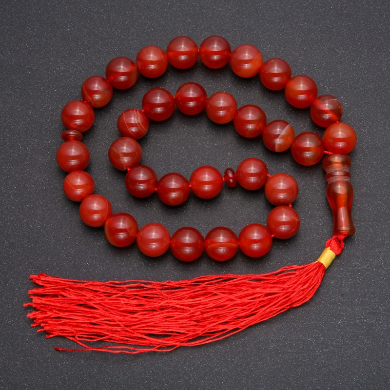 Natural Carnelian Prayer Beads, 33 Beads, Smooth Round Bead, 12mm Diameter, Carnelian Inlay