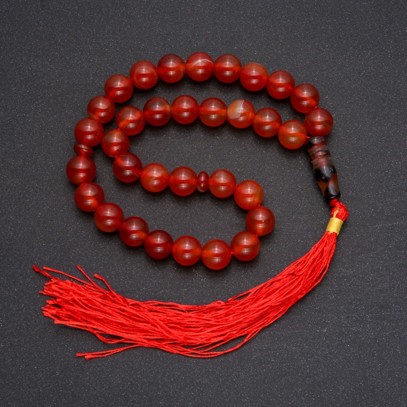Natural Carnelian Prayer Beads, 33 Beads, Smooth Round Bead, 10mm Diameter, Carnelian Inlay