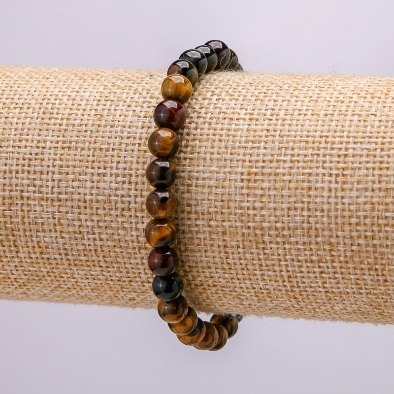 Elastic Bracelet with Natural Tiger's Eye, Bull's Eye and Hawk's Eye Stone, 18cm Circumference, Smooth Bead, 6mm Diameter +
