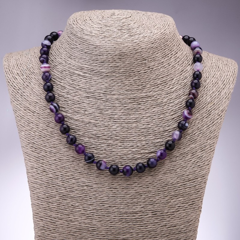 Purple Agate Necklace, Smooth Round Beads 8mm, Length 45cm+