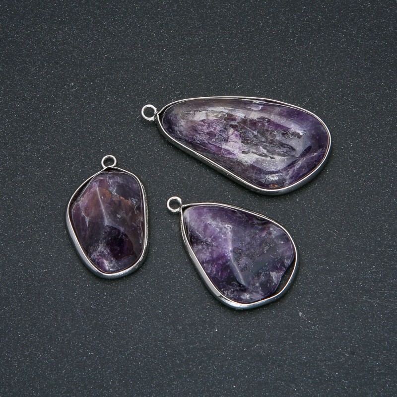 Natural Amethyst Stone Pendant in Silver-Tone Setting, 42x20mm+