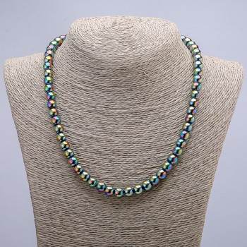 Hematite Necklace with Petrol Coating, Smooth Round Beads, Diameter 8mm+/-, Length 45cm+