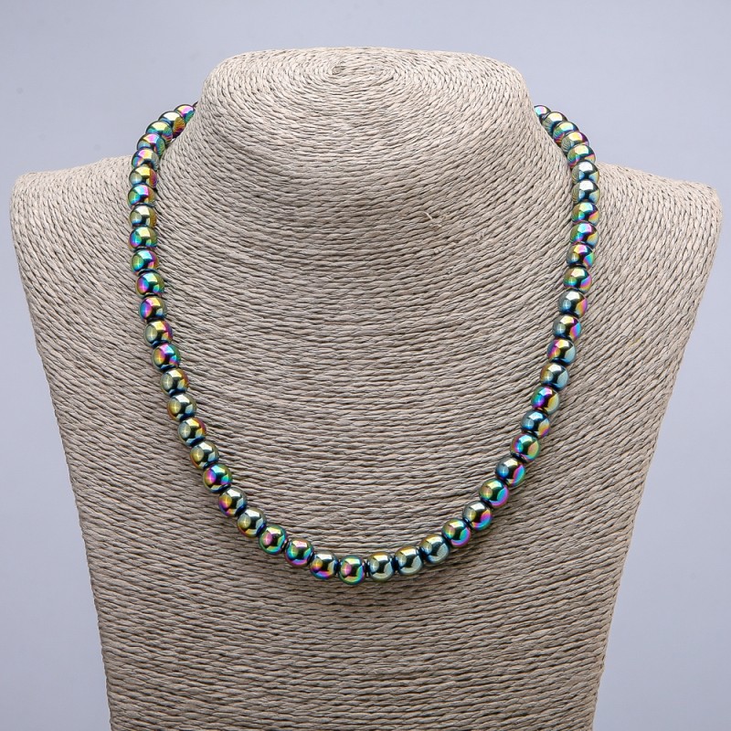 Hematite Necklace with Petrol Coating, Smooth Round Beads, Diameter 8mm+/-, Length 45cm+