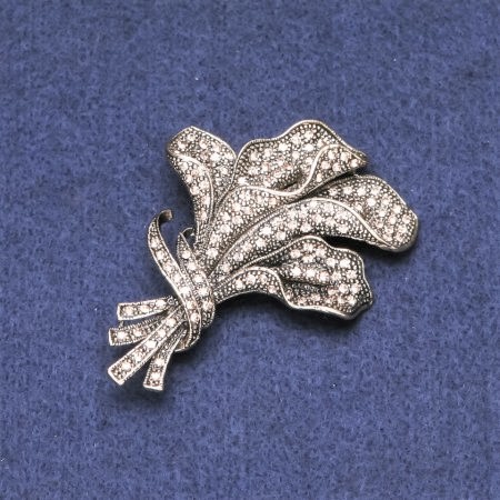 Sale! Flower Brooch with Rhinestones, Silver-Toned Metal, 46x64mm