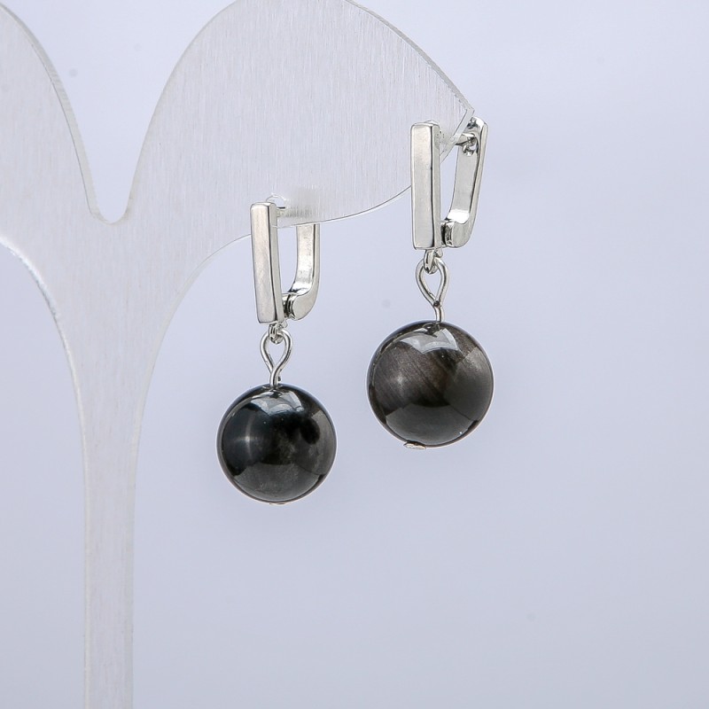 Silver Obsidian Earrings, 12mm diameter, 30mm length +