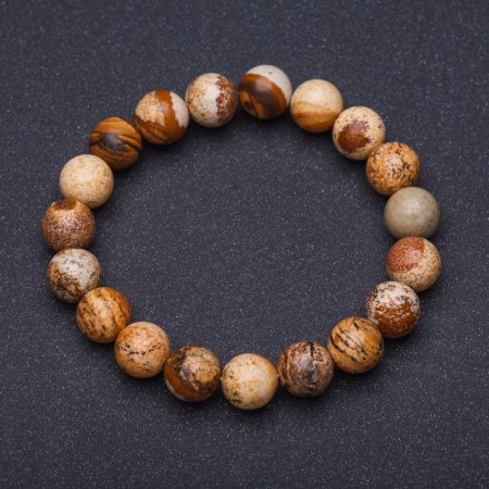 Landscape Jasper Natural Stone Bracelet, Smooth Beads on Elastic, 10mm Diameter, 18cm Circumference