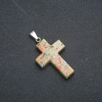 Cross Pendant, Heliotrope Unakite stone 50x28mm +